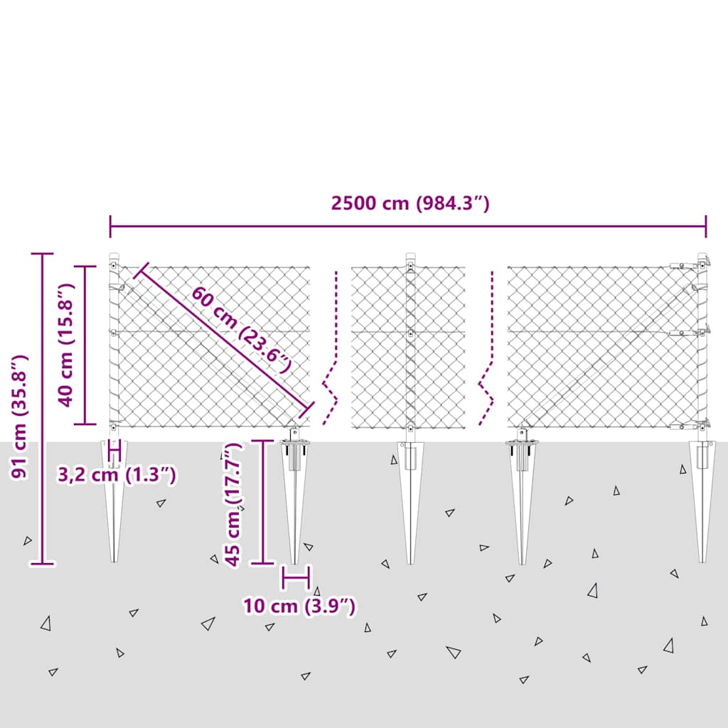 Kettengliedzaun mit Pfosten Silber 0,4 x 25 m Stahl